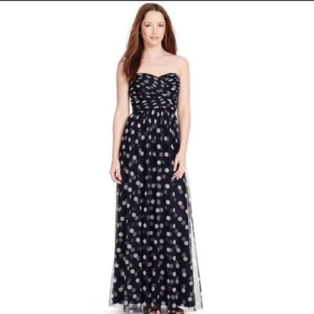 Ralph Lauren Navy Polka Dot Strapless Gown Formal Dress